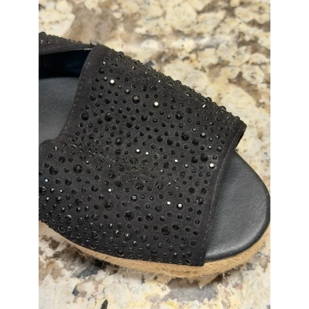 Lane Bryant Womens 9W Black Rhinestone Espadrille Slingback Peep Toe Flat Sandal